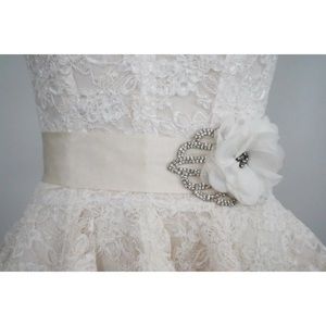 Rhinestone & Flower on Grosgrain Ribbon Ivory Bridal Sash Wedding Belt